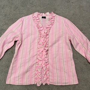 Bogner women’s size 12 button down ruffled Pink and Yellow Striped Blouse